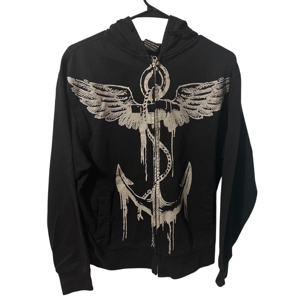 Rothco Mens Black Winged Anchor Graphic Zip Up Hoodie Sweatshirt Medium Distress